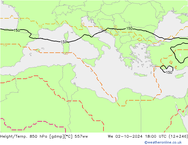 Height/Temp. 850 hPa 557ww  02.10.2024 18 UTC