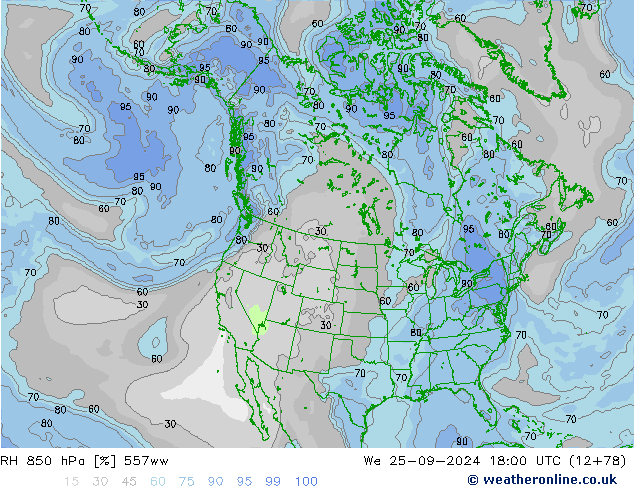 Humedad rel. 850hPa 557ww mié 25.09.2024 18 UTC