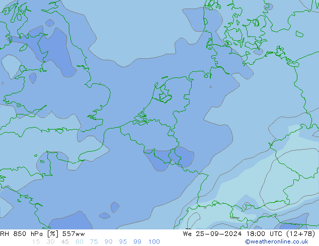 RH 850 hPa 557ww We 25.09.2024 18 UTC