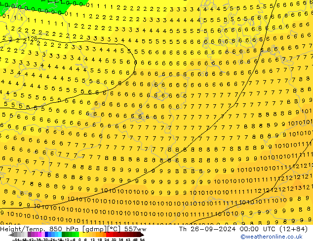 Géop./Temp. 850 hPa 557ww jeu 26.09.2024 00 UTC