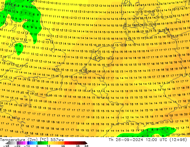 Temperaturkarte (2m) 557ww Do 26.09.2024 12 UTC