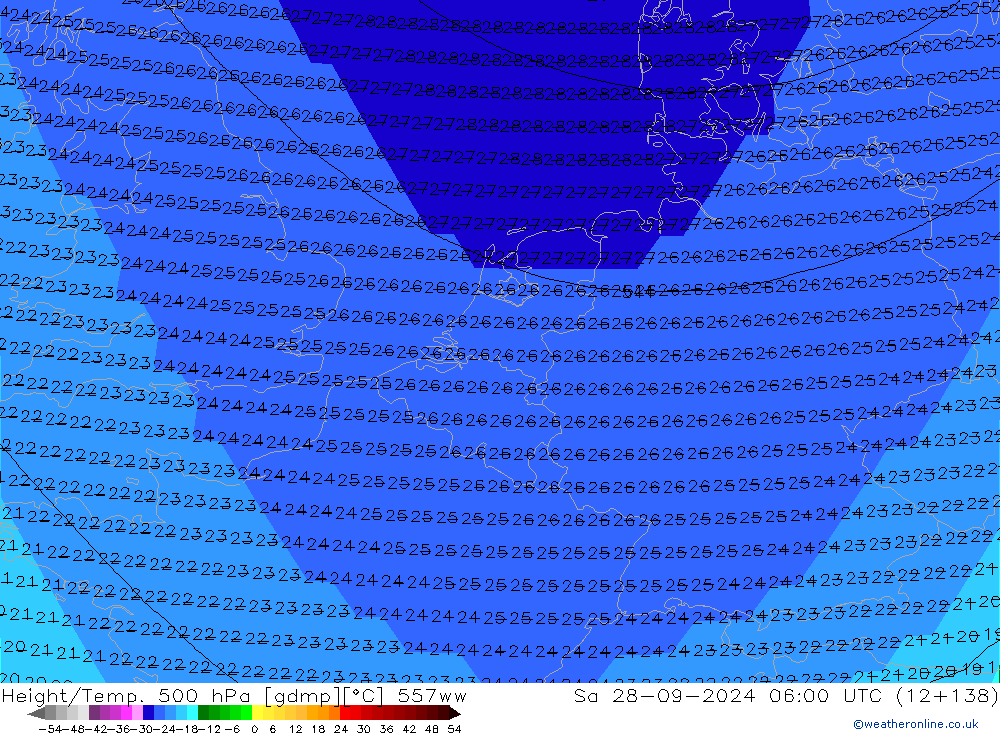 Hoogte/Temp. 500 hPa 557ww za 28.09.2024 06 UTC