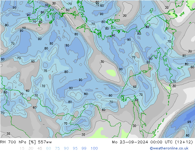 RH 700 hPa 557ww Mo 23.09.2024 00 UTC