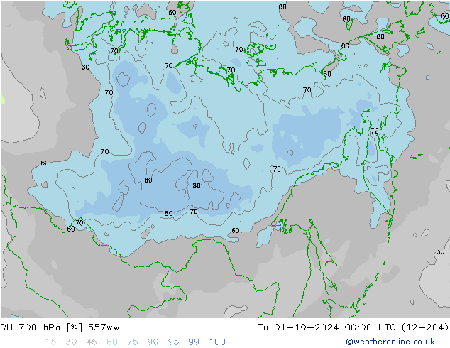 RH 700 hPa 557ww  01.10.2024 00 UTC