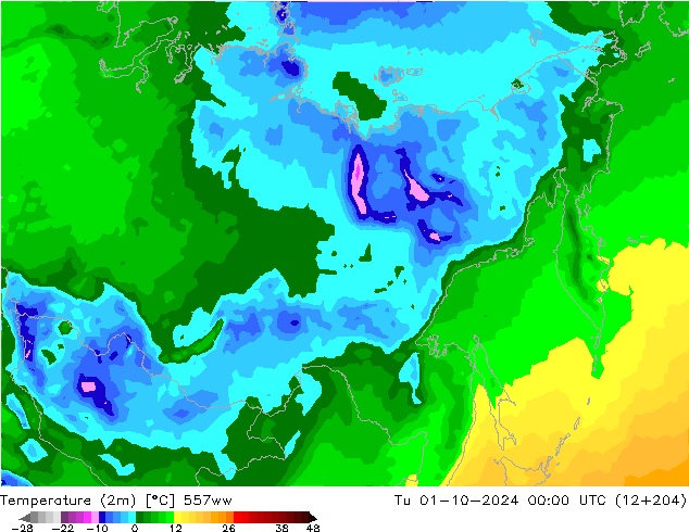 Temperatuurkaart (2m) 557ww di 01.10.2024 00 UTC