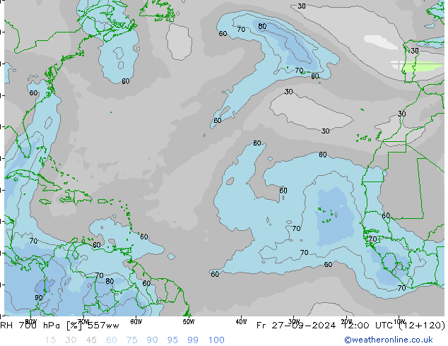 Humidité rel. 700 hPa 557ww ven 27.09.2024 12 UTC