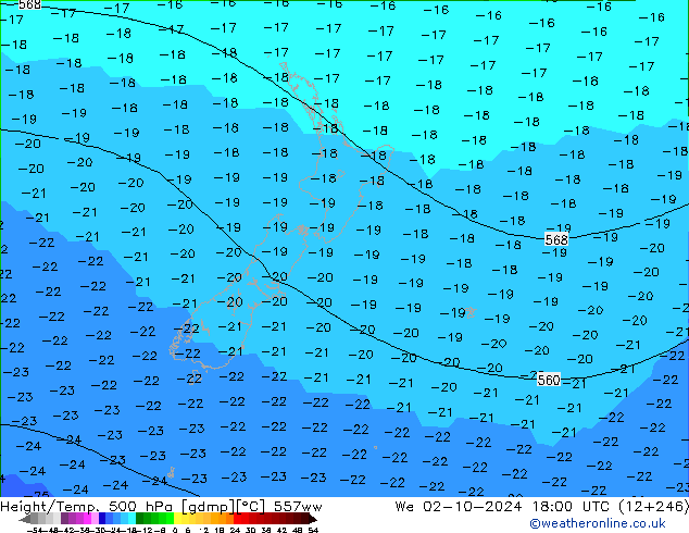 Height/Temp. 500 hPa 557ww We 02.10.2024 18 UTC