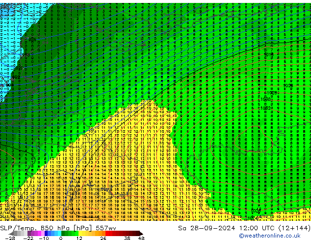 SLP/Temp. 850 hPa 557ww za 28.09.2024 12 UTC