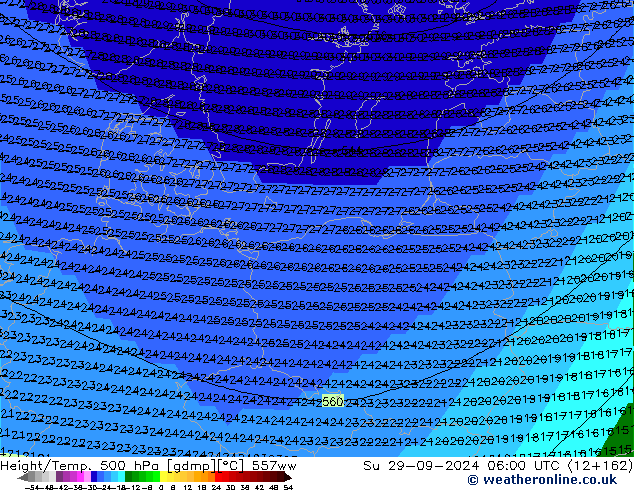 Height/Temp. 500 hPa 557ww Su 29.09.2024 06 UTC