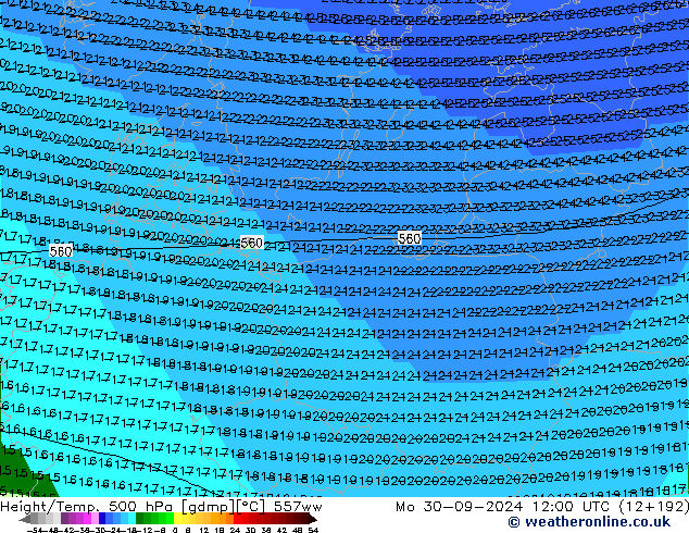 Height/Temp. 500 hPa 557ww pon. 30.09.2024 12 UTC