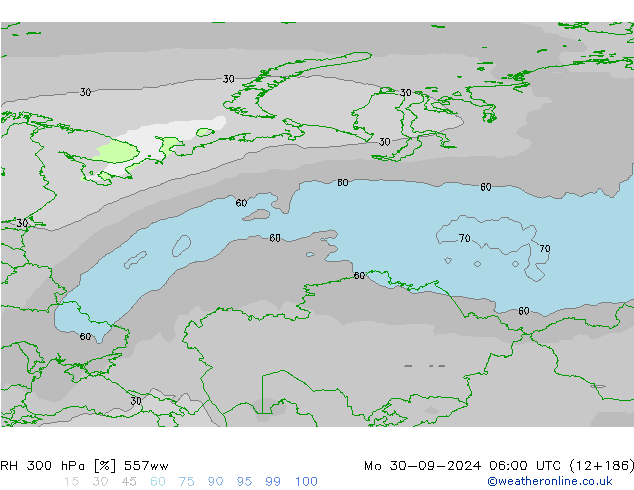 Humedad rel. 300hPa 557ww lun 30.09.2024 06 UTC