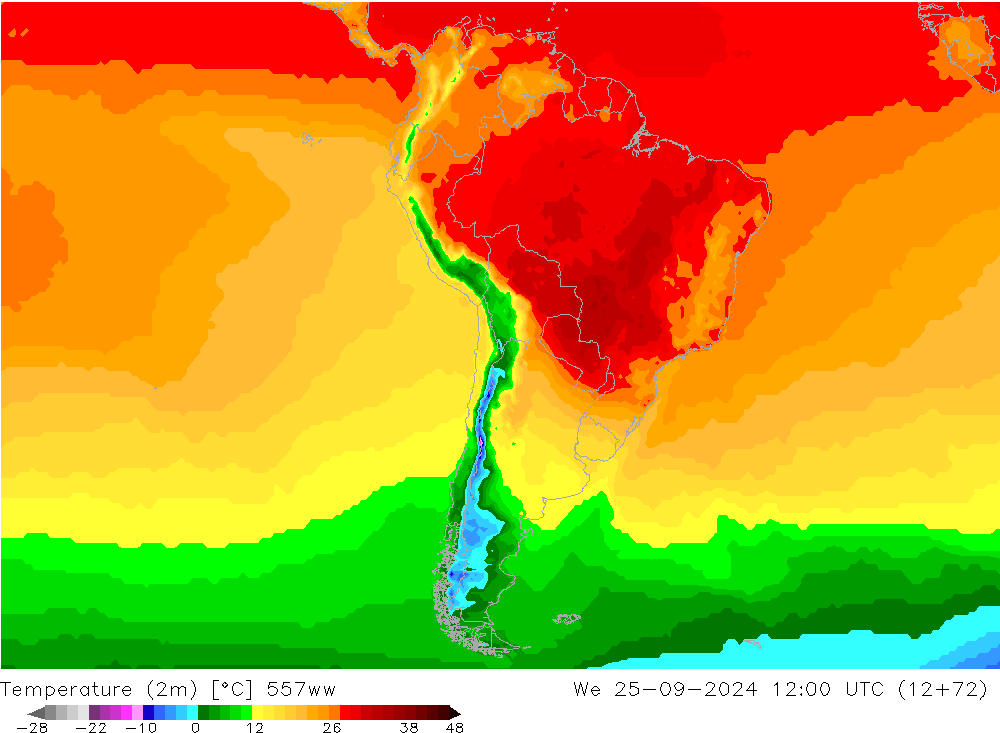 Temperature (2m) 557ww We 25.09.2024 12 UTC