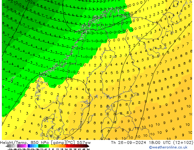 Hoogte/Temp. 850 hPa 557ww do 26.09.2024 18 UTC