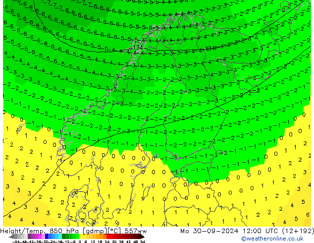 Height/Temp. 850 hPa 557ww lun 30.09.2024 12 UTC