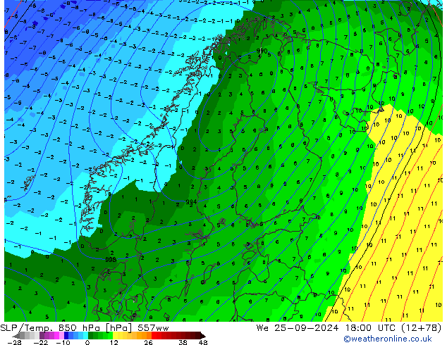 SLP/Temp. 850 hPa 557ww We 25.09.2024 18 UTC