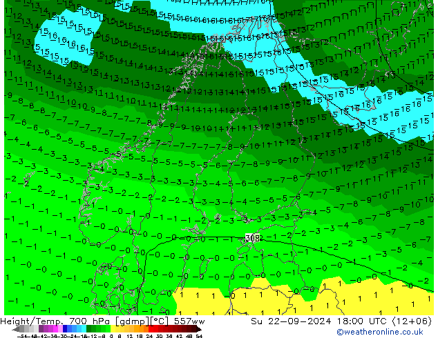 Height/Temp. 700 hPa 557ww 星期日 22.09.2024 18 UTC