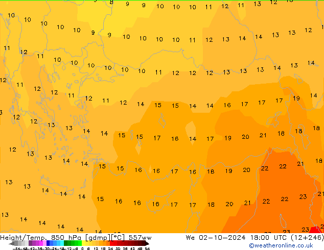 Height/Temp. 850 hPa 557ww We 02.10.2024 18 UTC