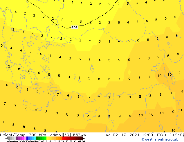 Geop./Temp. 700 hPa 557ww mié 02.10.2024 12 UTC