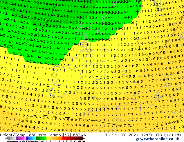 Hoogte/Temp. 850 hPa 557ww di 24.09.2024 12 UTC