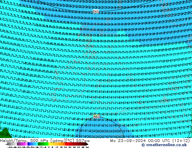 Height/Temp. 500 hPa 557ww Mo 23.09.2024 00 UTC