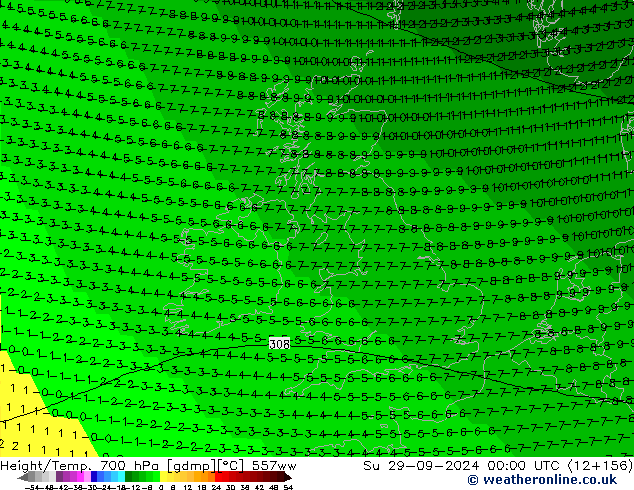 Height/Temp. 700 hPa 557ww Su 29.09.2024 00 UTC