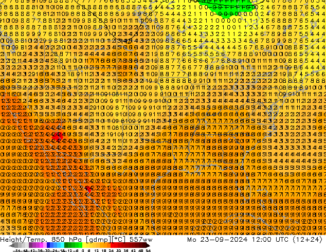 Height/Temp. 850 hPa 557ww Mo 23.09.2024 12 UTC