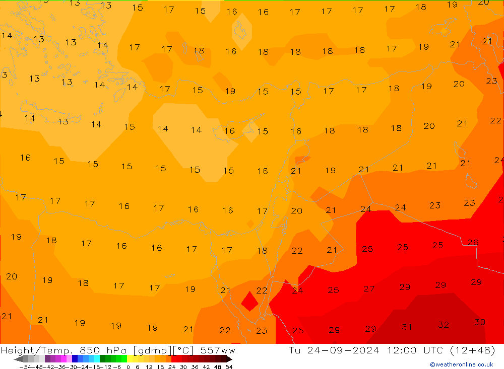 Height/Temp. 850 hPa 557ww Tu 24.09.2024 12 UTC