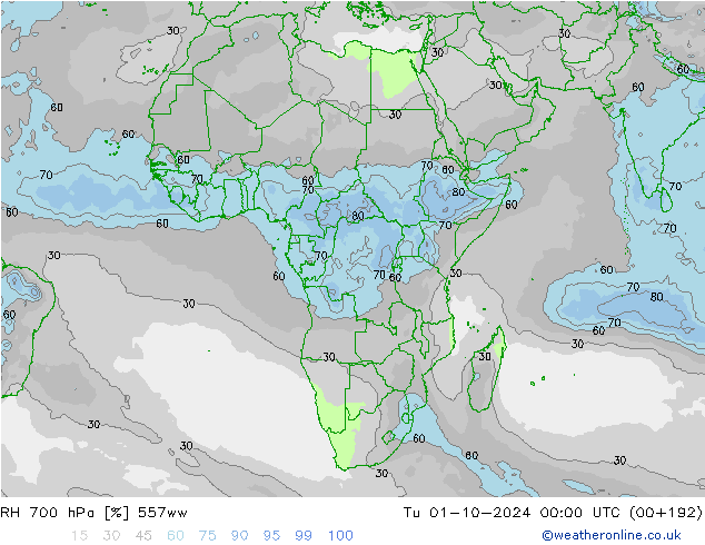 RH 700 hPa 557ww Tu 01.10.2024 00 UTC