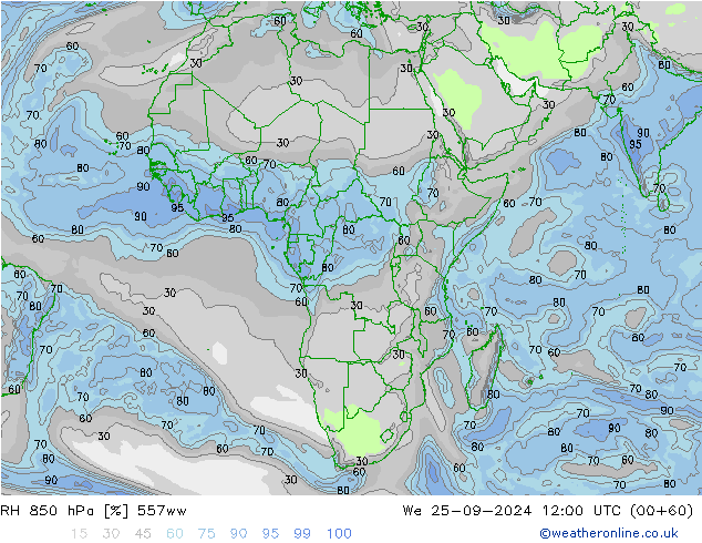 RH 850 гПа 557ww ср 25.09.2024 12 UTC