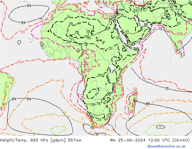 Height/Temp. 925 hPa 557ww We 25.09.2024 12 UTC