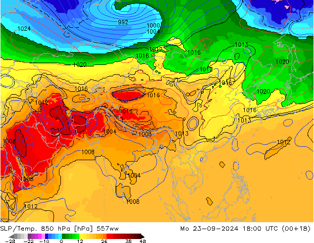 SLP/Temp. 850 hPa 557ww pon. 23.09.2024 18 UTC