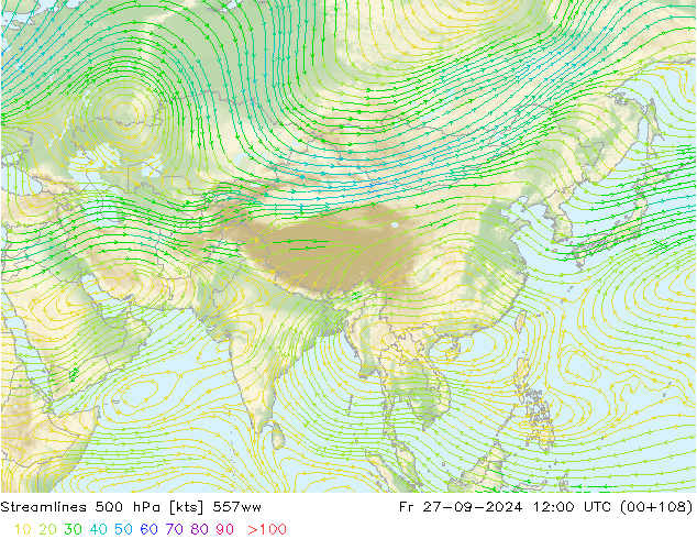 Línea de corriente 500 hPa 557ww vie 27.09.2024 12 UTC