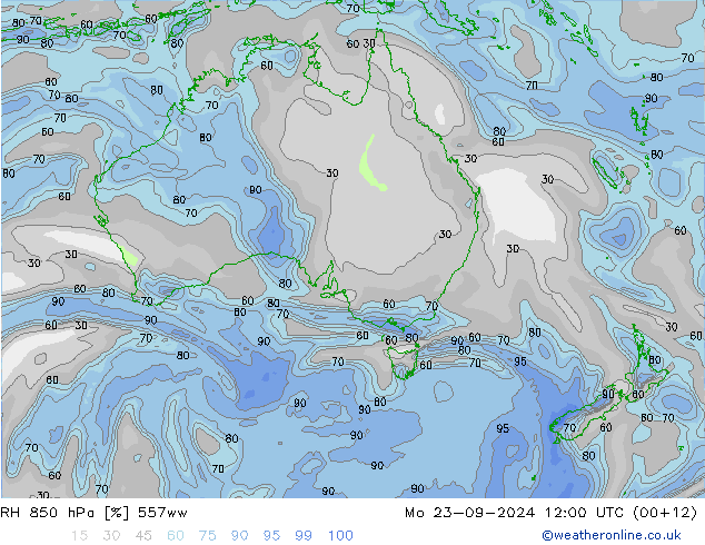 RH 850 hPa 557ww Mo 23.09.2024 12 UTC