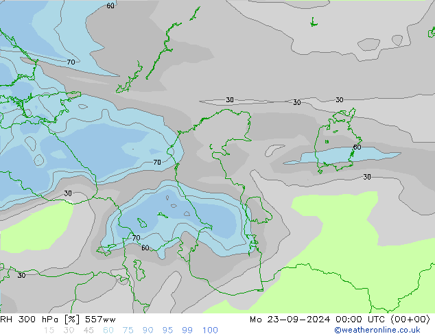 RH 300 hPa 557ww Mo 23.09.2024 00 UTC