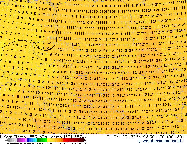 Height/Temp. 850 hPa 557ww Tu 24.09.2024 06 UTC