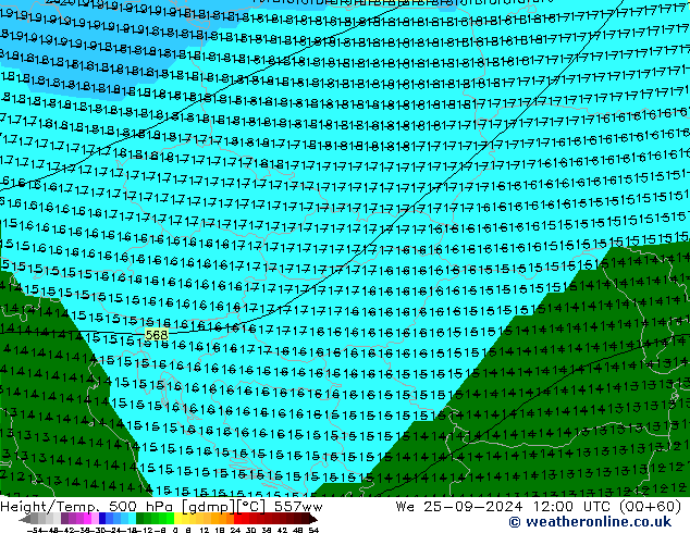 Height/Temp. 500 hPa 557ww śro. 25.09.2024 12 UTC