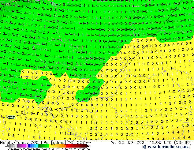 Hoogte/Temp. 700 hPa 557ww wo 25.09.2024 12 UTC