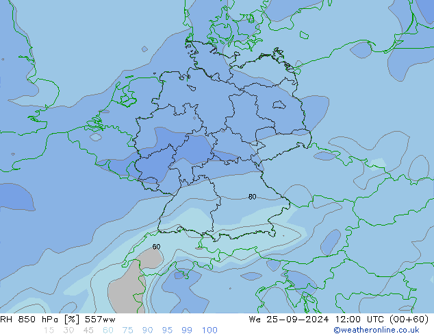 RH 850 hPa 557ww We 25.09.2024 12 UTC