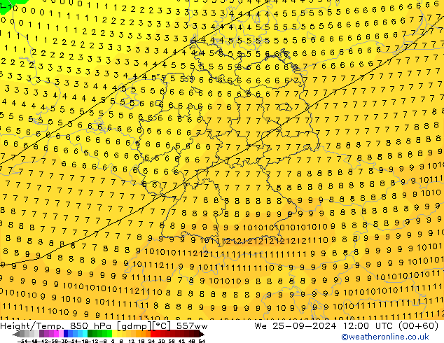 Height/Temp. 850 hPa 557ww We 25.09.2024 12 UTC