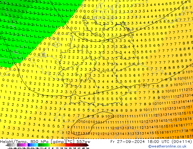 Hoogte/Temp. 850 hPa 557ww vr 27.09.2024 18 UTC