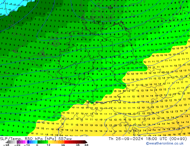 SLP/Temp. 850 hPa 557ww jue 26.09.2024 18 UTC