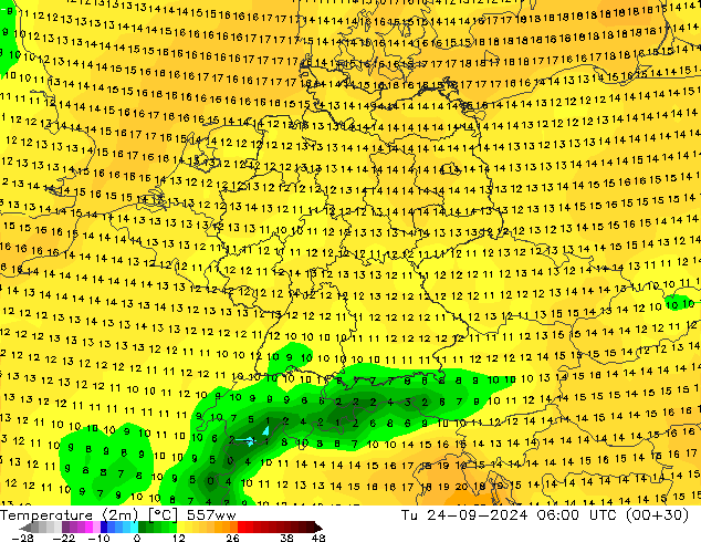 Temperaturkarte (2m) 557ww Di 24.09.2024 06 UTC