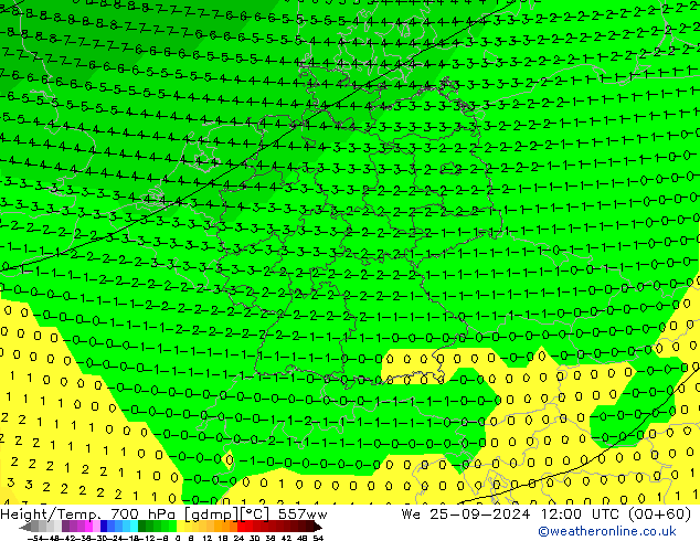 Height/Temp. 700 hPa 557ww We 25.09.2024 12 UTC