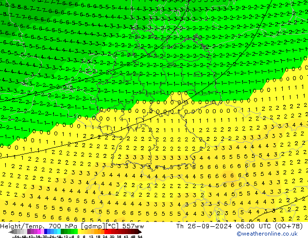 Height/Temp. 700 hPa 557ww Čt 26.09.2024 06 UTC