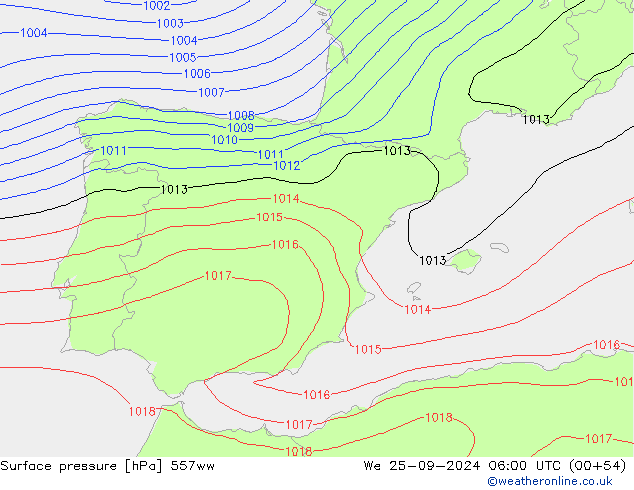 Presión superficial 557ww mié 25.09.2024 06 UTC