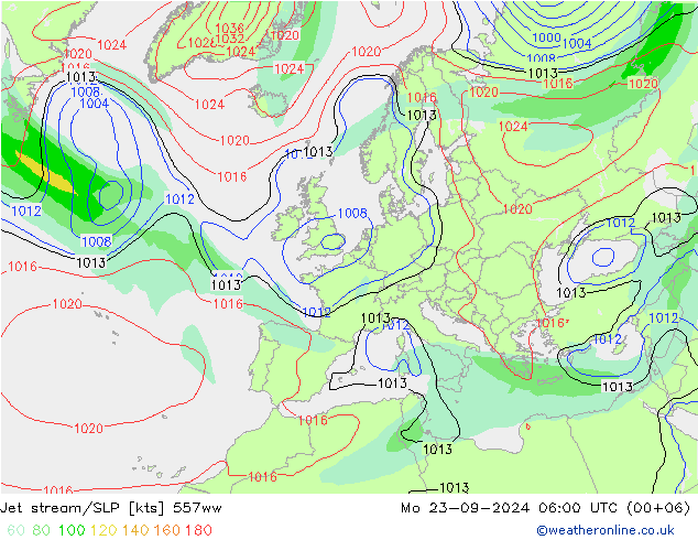 Jet stream/SLP 557ww Mo 23.09.2024 06 UTC