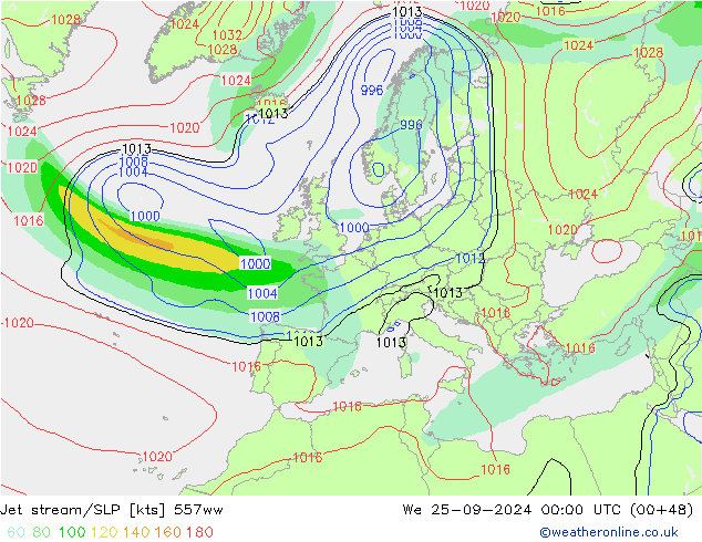 Jet stream/SLP 557ww We 25.09.2024 00 UTC