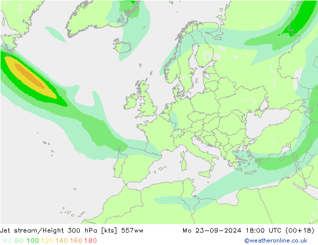 Jet stream/Height 300 hPa 557ww Mo 23.09.2024 18 UTC