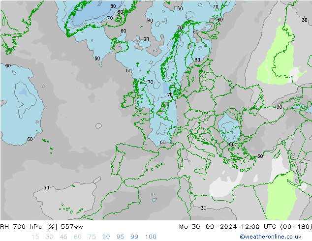 Humedad rel. 700hPa 557ww lun 30.09.2024 12 UTC