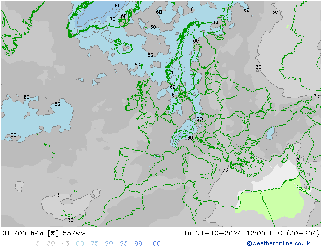 Humedad rel. 700hPa 557ww mar 01.10.2024 12 UTC